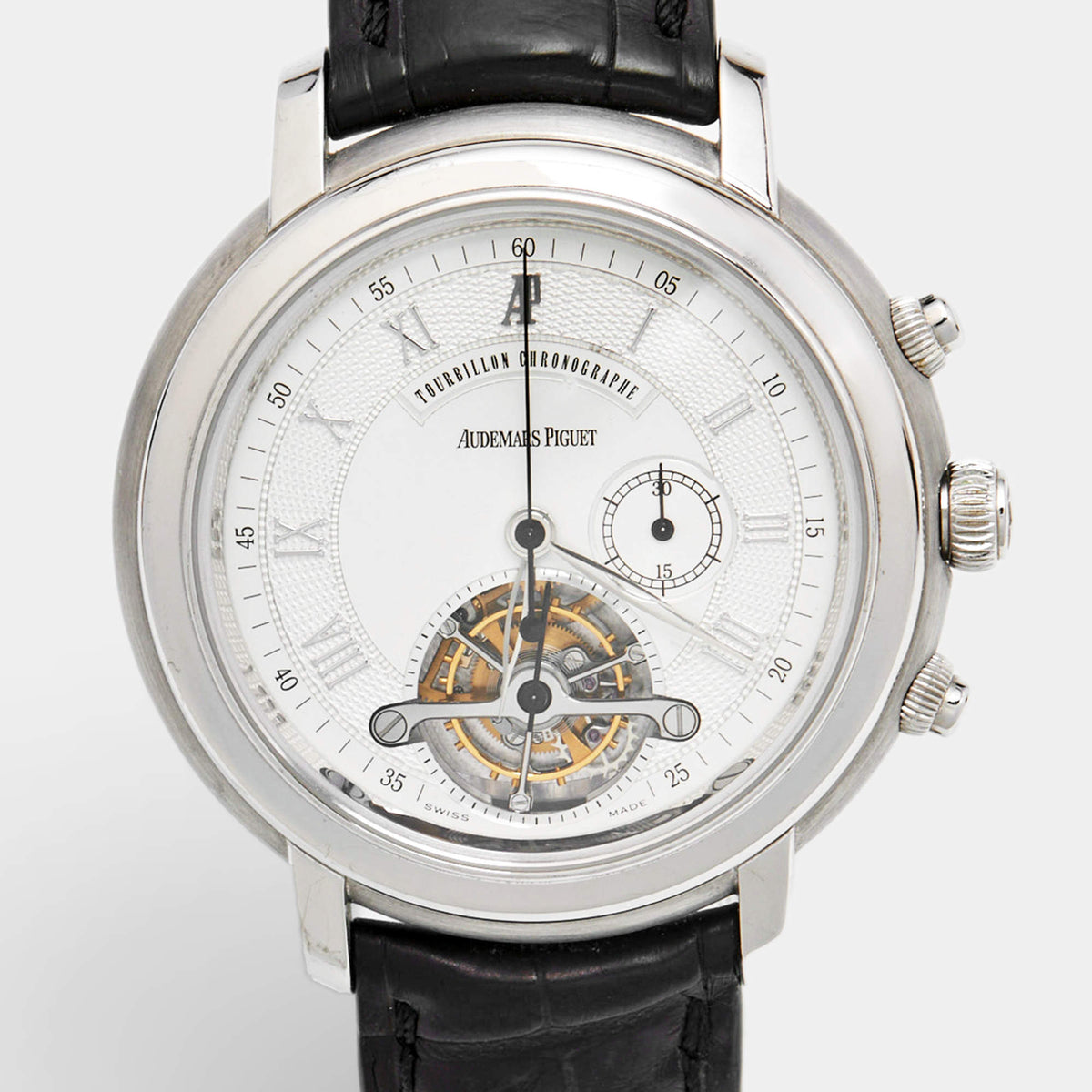 Audemars Piguet Jules Audemars Tourbillon Chronograph 25909BA.00.D002CR.03 Silver Dial 18K White Gold Crocodile Leather Men's Wristwatch 43mm