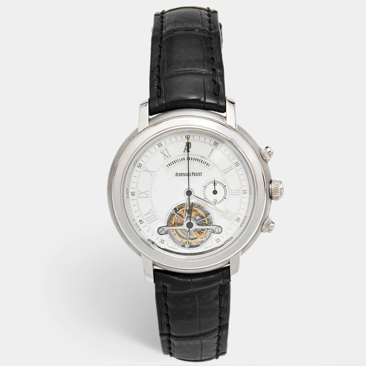 Audemars Piguet Jules Audemars Tourbillon Chronograph 25909BA.00.D002CR.03 Silver Dial 18K White Gold Crocodile Leather Men's Wristwatch 43mm