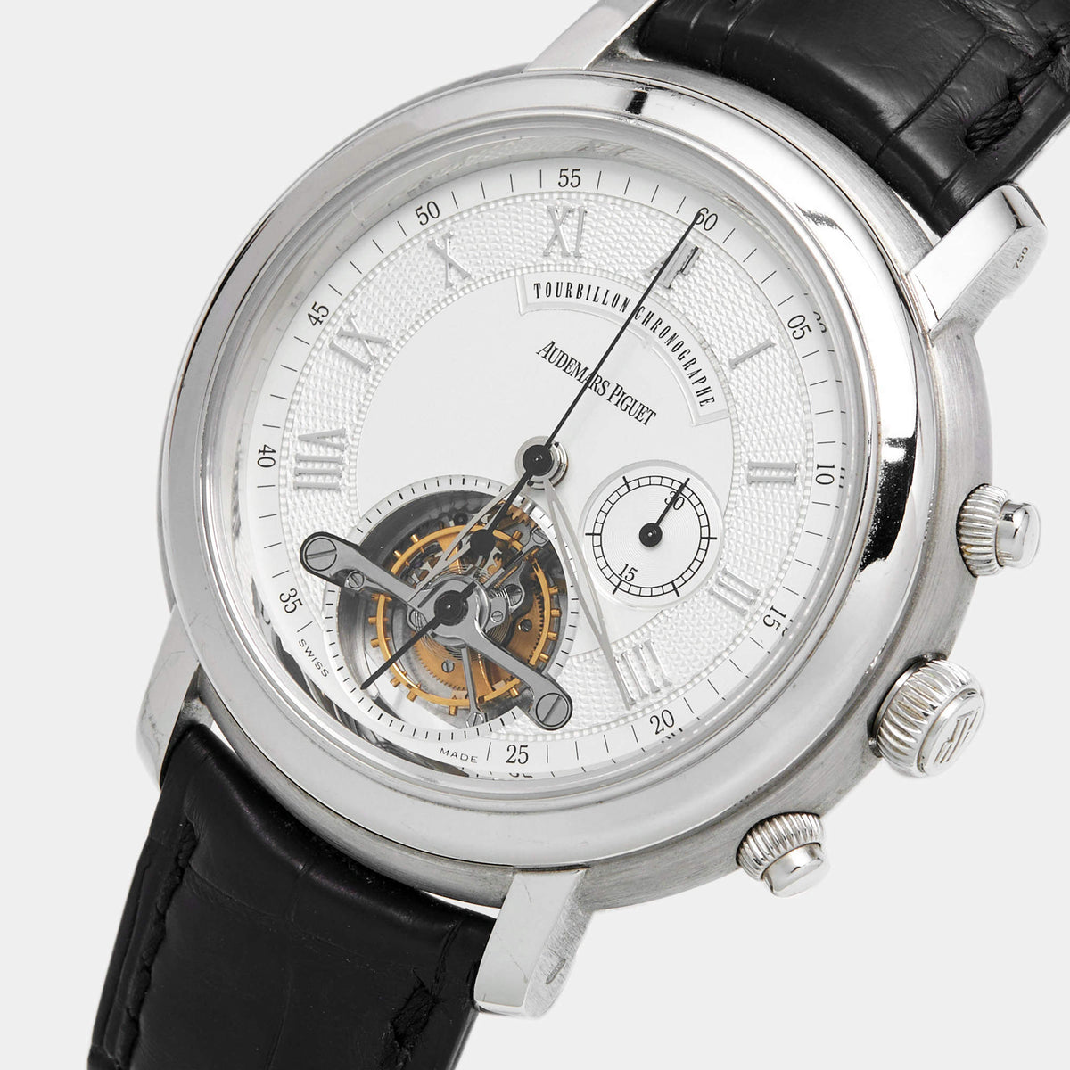 Audemars Piguet Jules Audemars Tourbillon Chronograph 25909BA.00.D002CR.03 Silver Dial 18K White Gold Crocodile Leather Men's Wristwatch 43mm