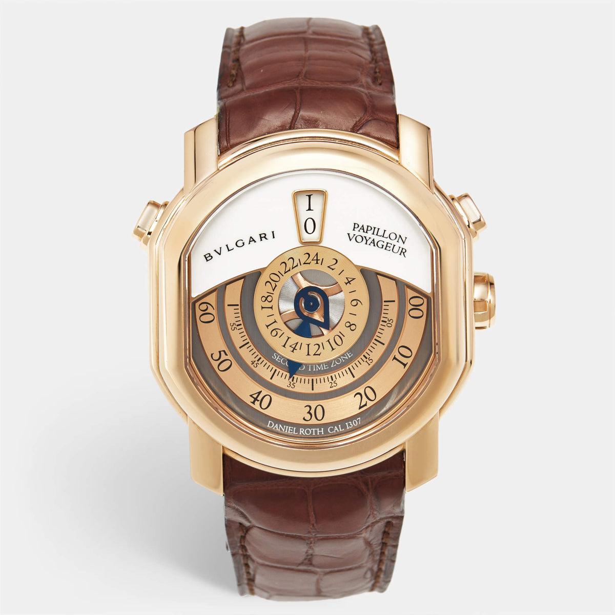 Bvlgari Daniel Roth Papillon Voyageur Limited Edition GMT 101835 White Dial 18K Rose Gold Alligator Leather Men's Wristwatch 43mm