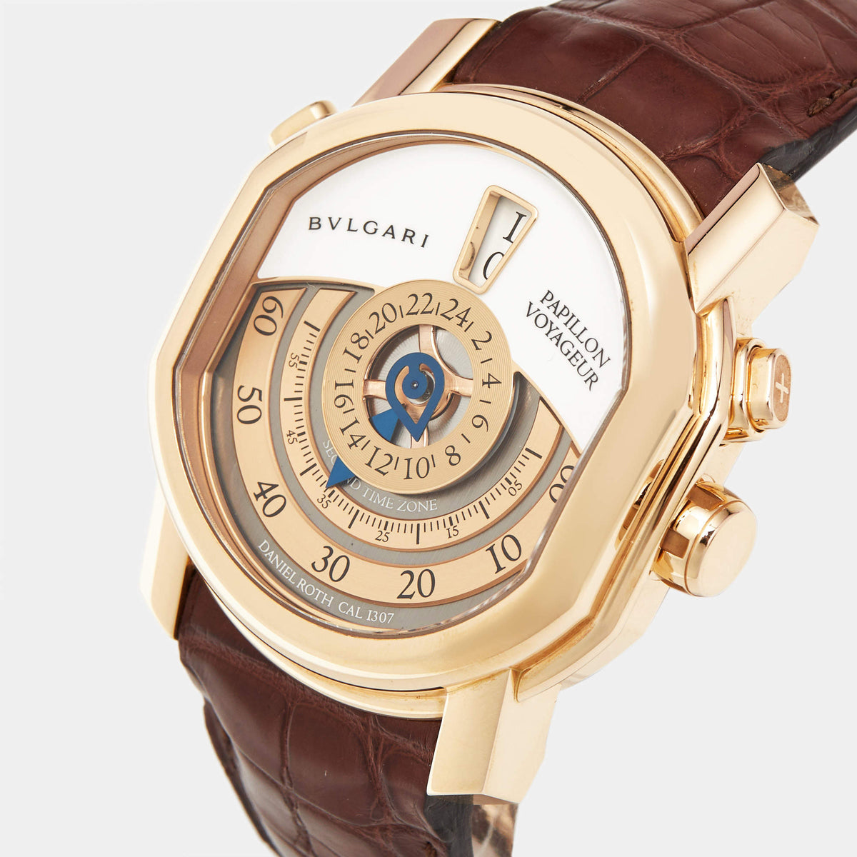 Bvlgari Daniel Roth Papillon Voyageur Limited Edition GMT 101835 White Dial 18K Rose Gold Alligator Leather Men's Wristwatch 43mm