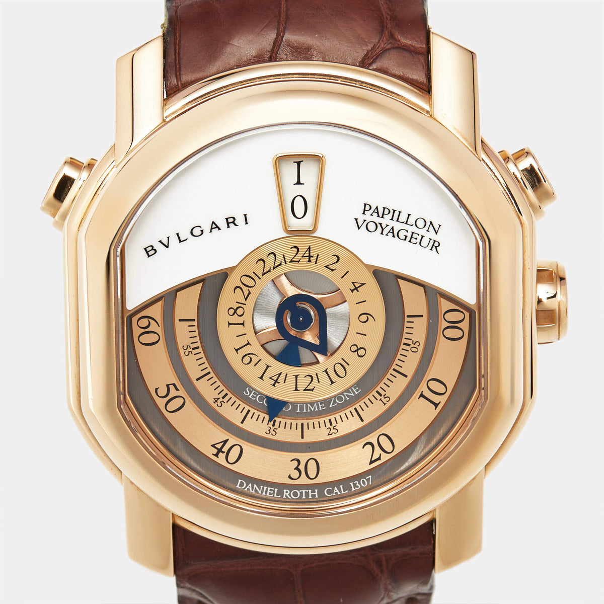 Bvlgari Daniel Roth Papillon Voyageur Limited Edition GMT 101835 White Dial 18K Rose Gold Alligator Leather Men's Wristwatch 43mm