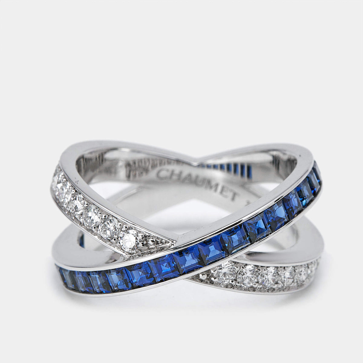 Chaumet Jeux de Liens Blue Sapphire Diamond 18k White Gold Rings EU 53