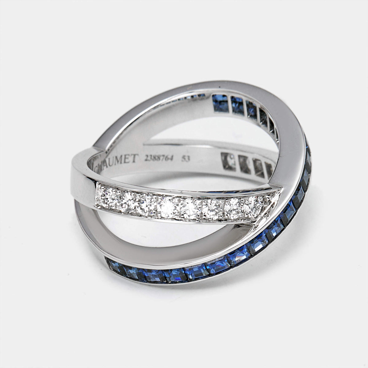 Chaumet Jeux de Liens Blue Sapphire Diamond 18k White Gold Rings EU 53