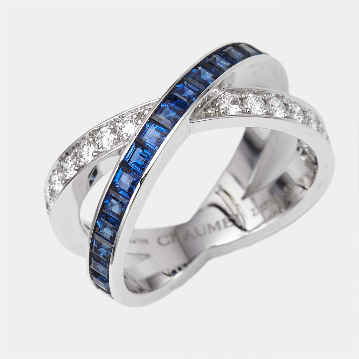 Chaumet Jeux de Liens Blue Sapphire Diamond 18k White Gold Rings EU 53